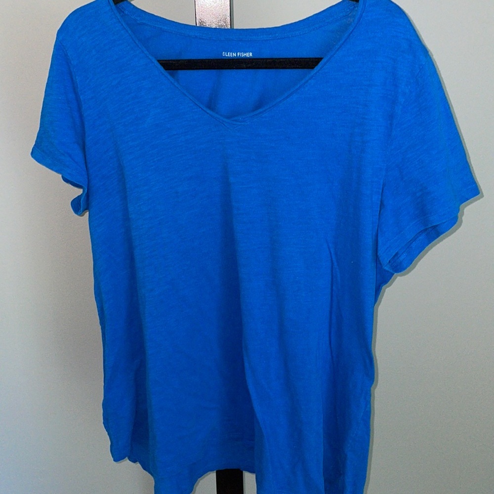 Eileen Fisher Long Slub Tee V Neck in Blue XL 100% Cotton